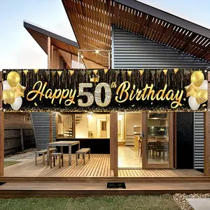 2D Flat Banner Polyester Party Backdrop, HD Digitally Printed Black and Gold Happy 50th Birthday Theme Background Cloth, Soft Lightweight Foldable Fabric for 50th Birthday Party Decorations, Photo Booth Props, Event Decor, and Pho
