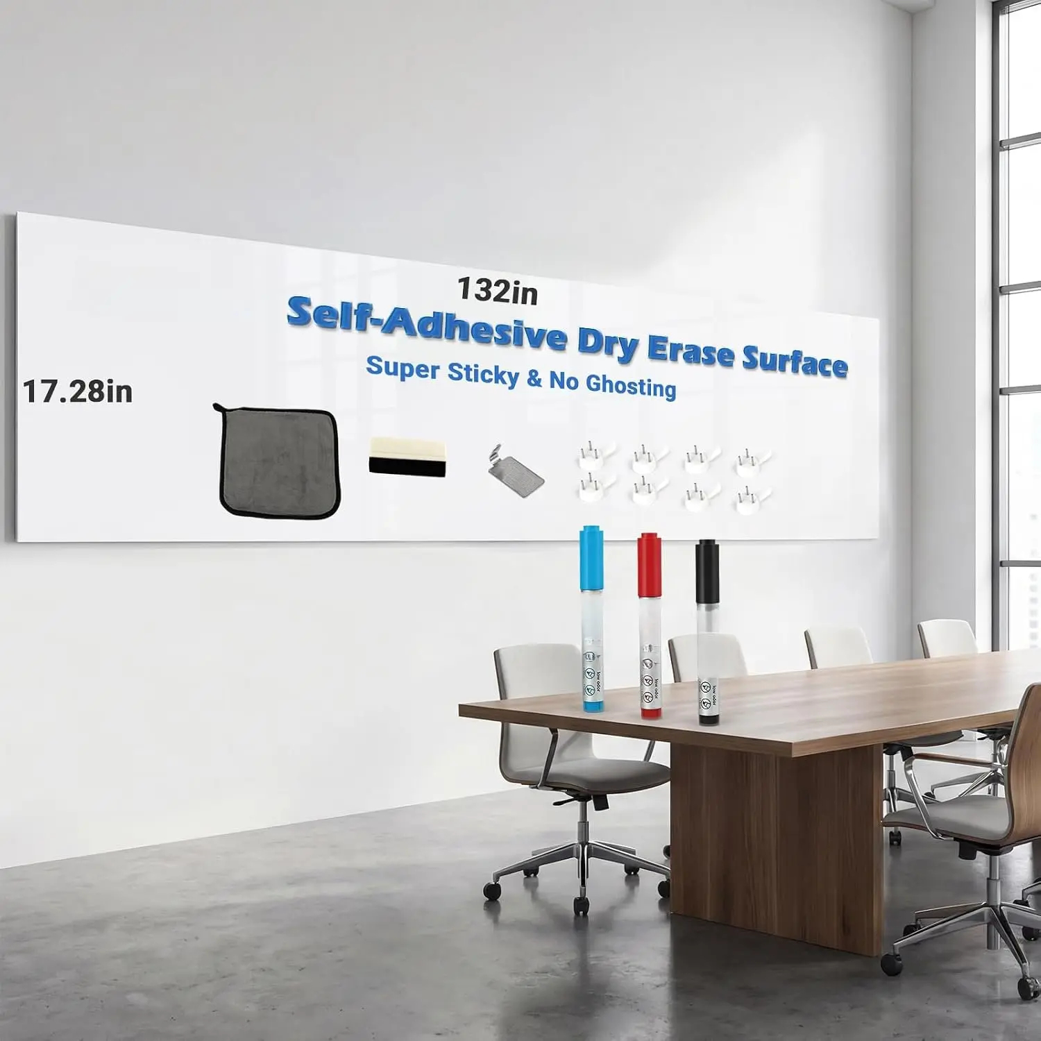 White Board Sticker for Wall, 1.44x11ft Peel and Stick Whiteboard Wallpaper, Stain-Proof & Super Sticky Dry Erase Wall Decal, Dry Erase Contact Paper Roll for Table/Door, 3 Markers, WS11D