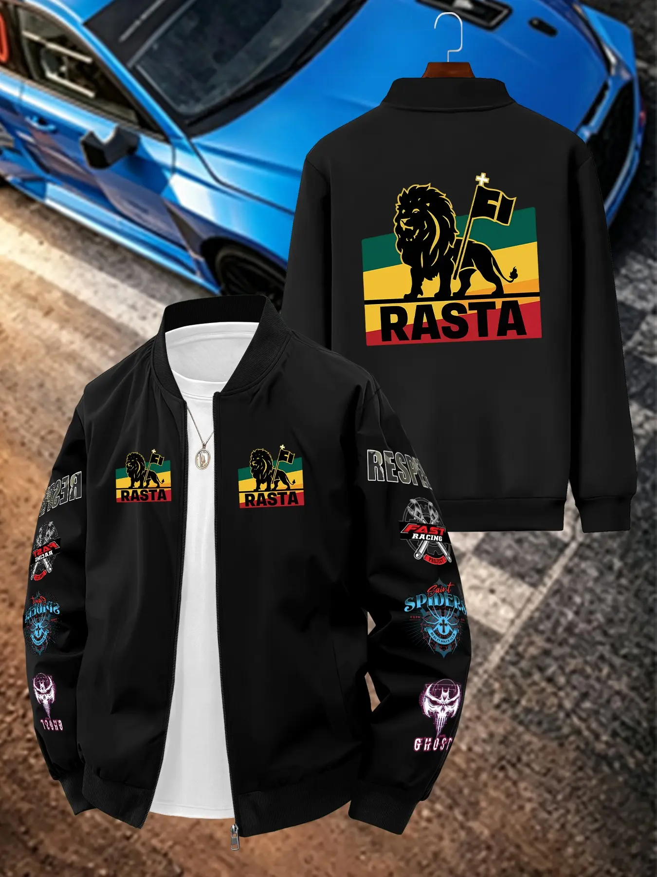 Rasta Theme Print Men's Casual Jacket Coats, Long Sleeve Loose-Fit Outerwear, Geometric Pattern, All Seasons