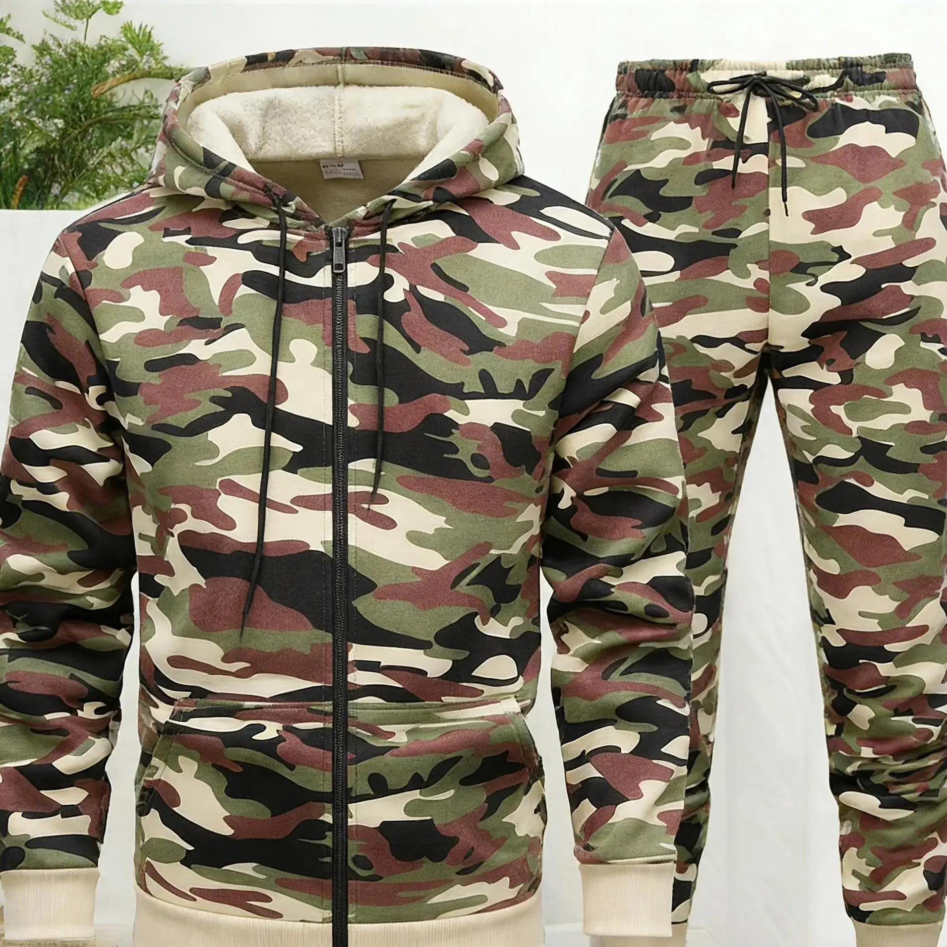 Men's 2-Piece Camouflage Tracksuit Set - Stretch Polyester Knit Hoodie, Jogger Pants, Athleisure Style Casual Activewear Clothing, Long Sleeve, Digital Print, Hooded Hoodie, Knitting, Camouflage Print, Stretch Fabric, Camouflage Hood