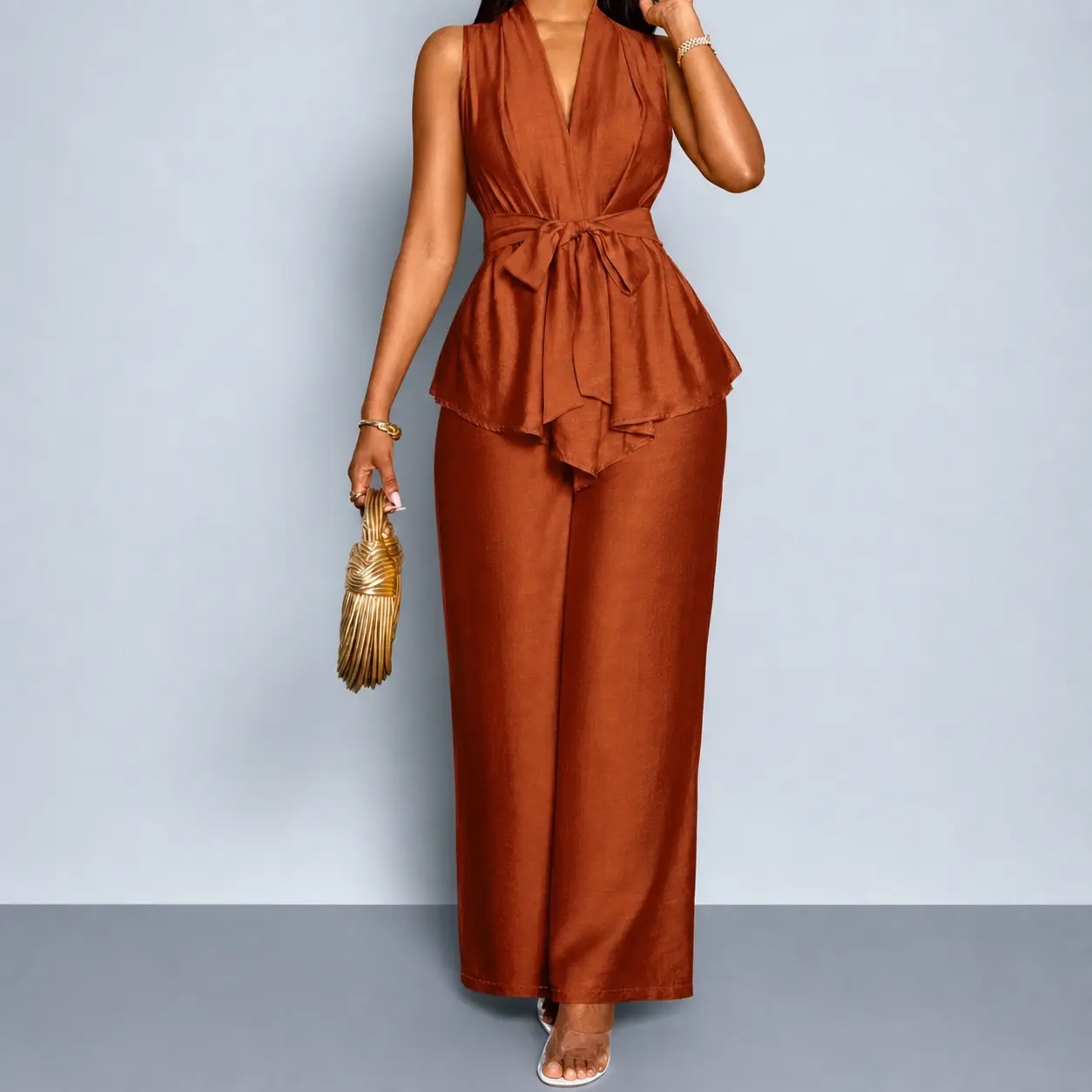 Women's All Seasons Casual Elegance Basic Fitted Two-Piece Set - Solid-Color Belted V-Neck Sleeveless Shirt & Wide-Leg Trousers Womenswear