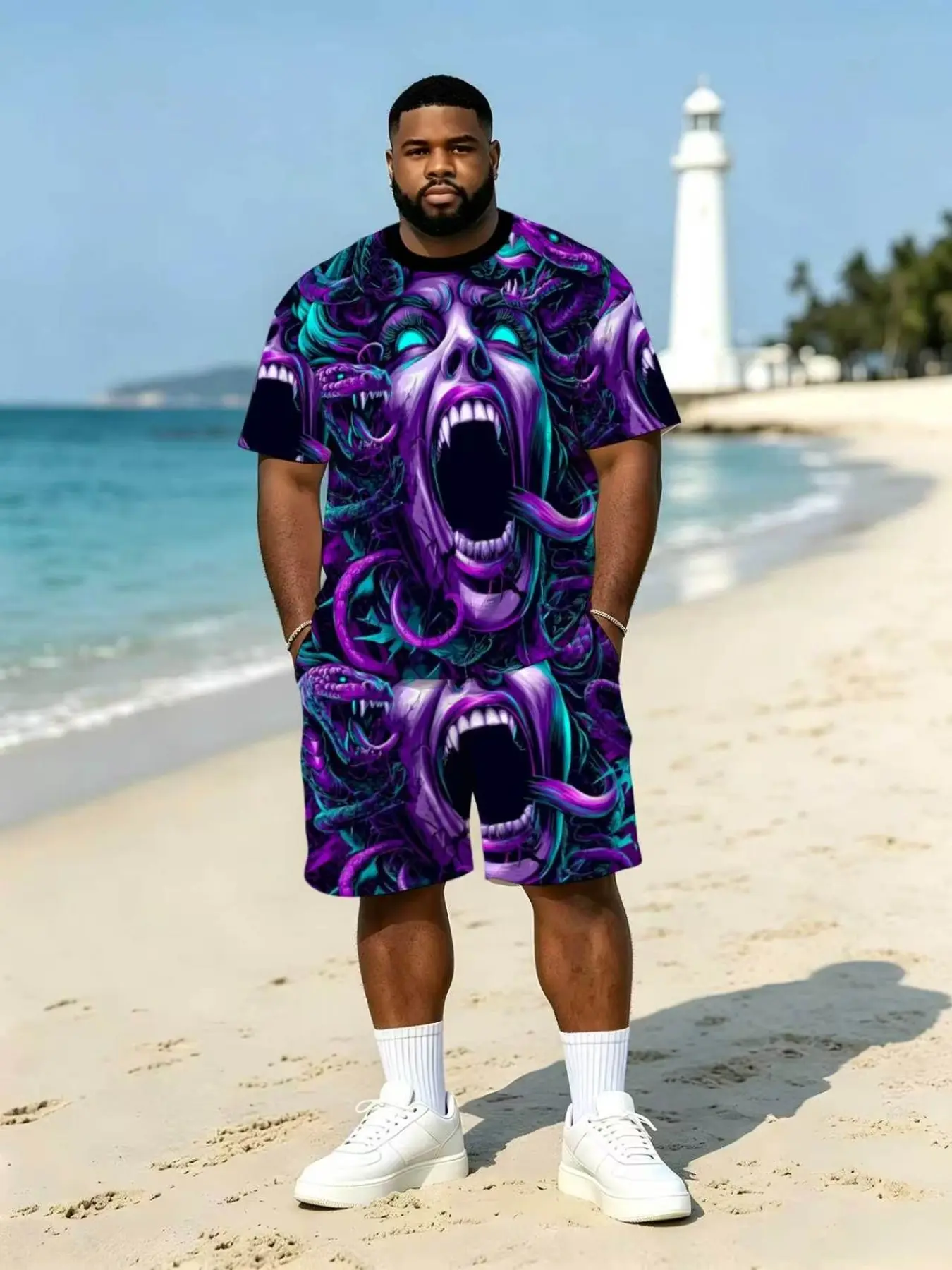 Men's Medusa Snake Illustration Short Sleeve Two-Piece Set, Dark Mythical Monster Print Plus Size Casual Shorts Fashion Set Outfit