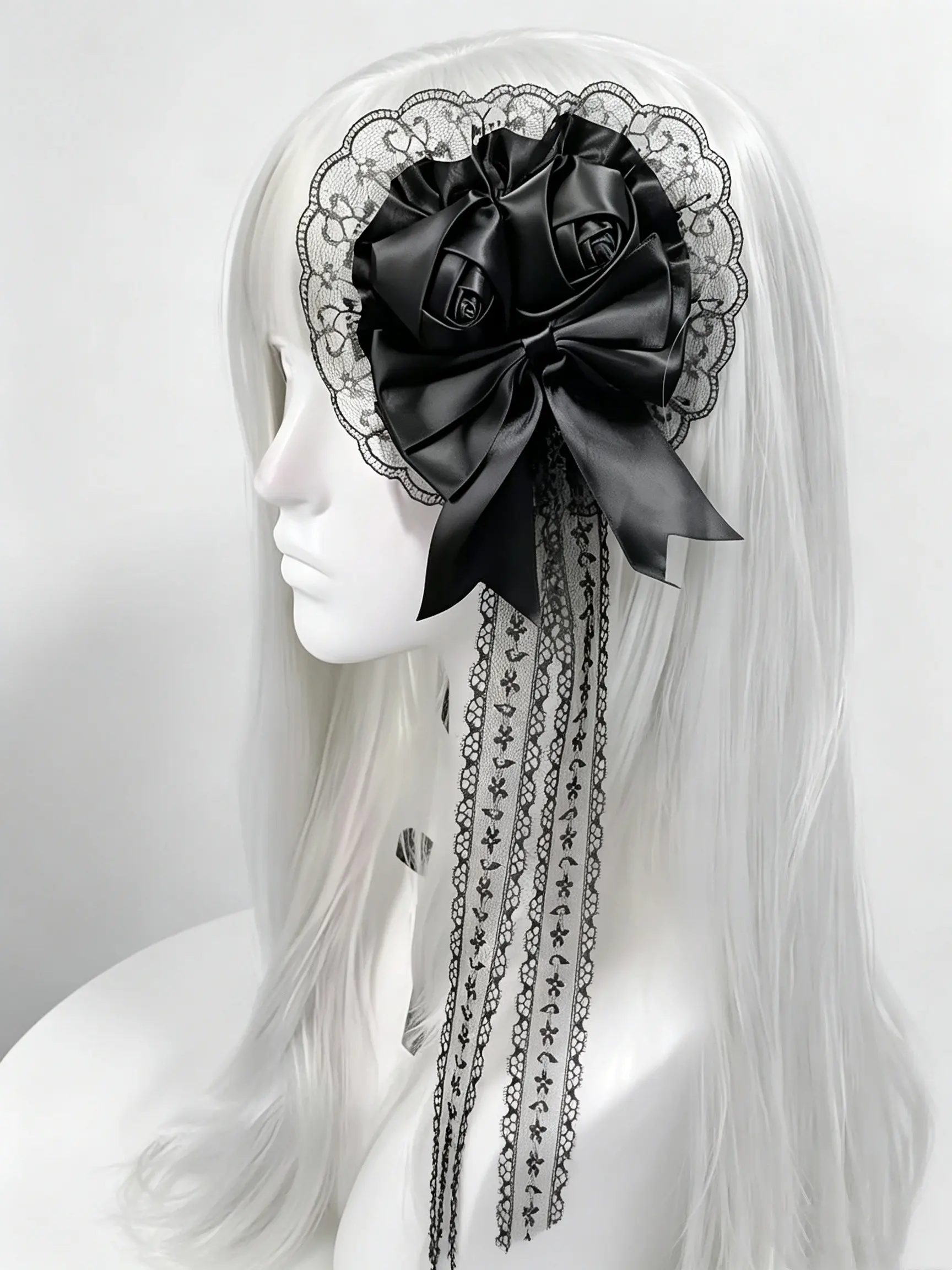 Gothic Lace Hair Clip, Satin Rose Fringe Bow and Ribbon, Japanese Original Host Punk Style Girl Headband, Halloween Accessory