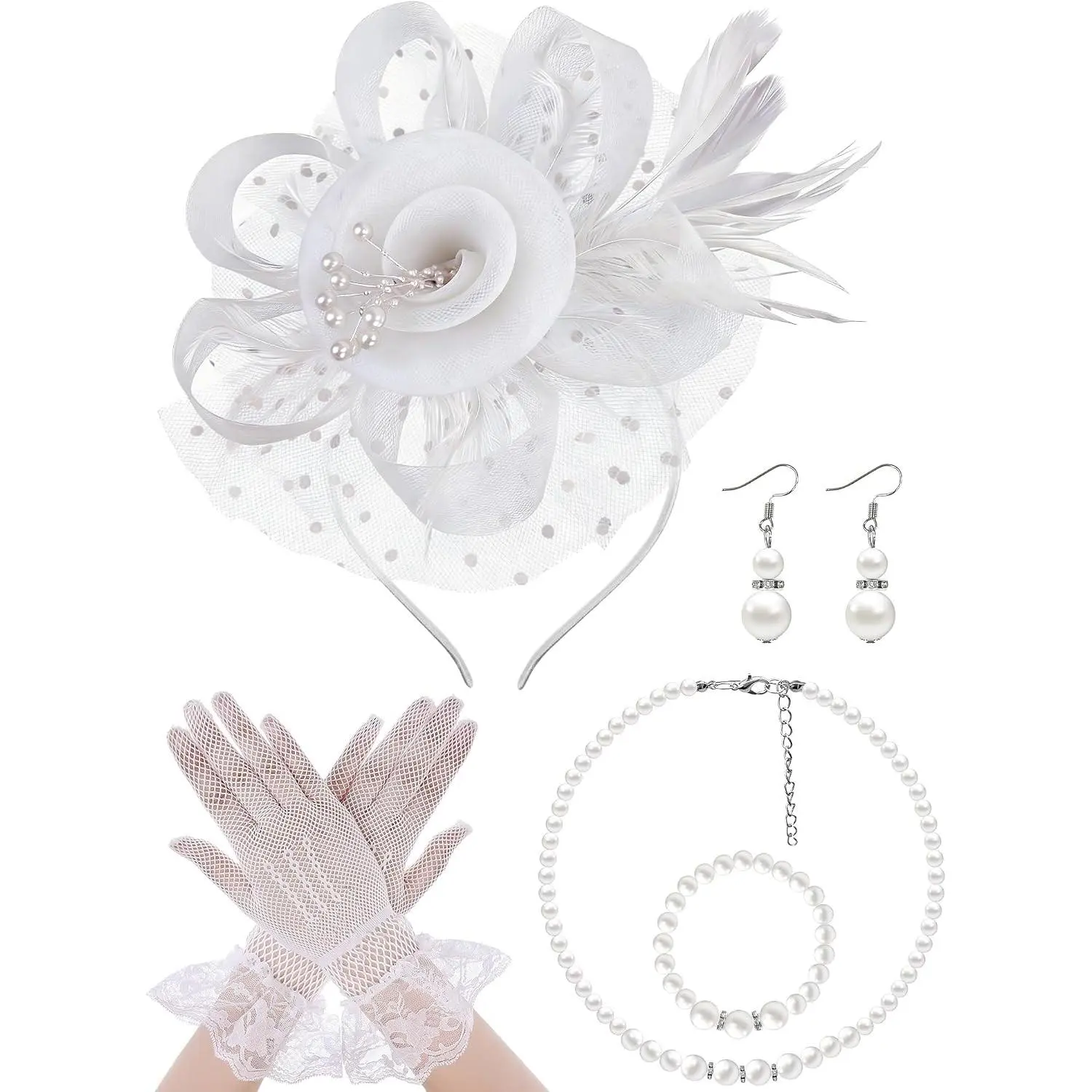 Women's 5-Pieces Fascinator Set Pack - Feathered Hat, Mesh Lace Headband, Veil, Pearl Jewelry, Gloves for 1920s Tea Party