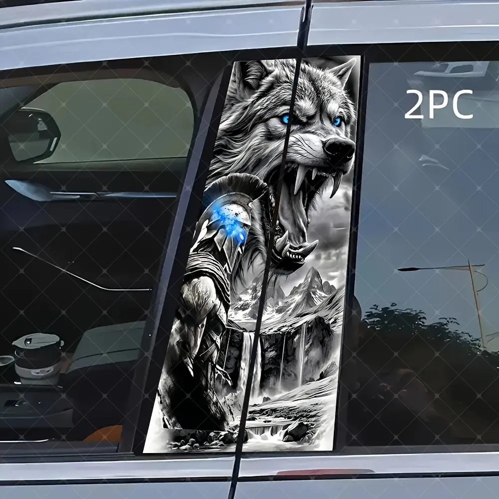 2pcs Dominant Wolf Head B-Pillar Car Stickers, a Blend of Warrior Elements And Natural Scenery, Vinyl Stickers for Car Door Pillar Protection - B-Pillar, Easy to Apply And Remove, Sunproof, Waterproof, Scratch-Resistant, Car Decorative Decals