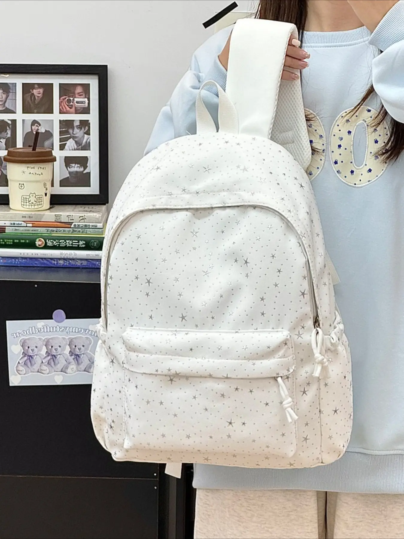 Women's Silver Color Star Print Backpack, Casual Nylon Backpack, Large Capacity Student Bag, Lightweight Casual Travel Backpack, Fresh and Simple Design