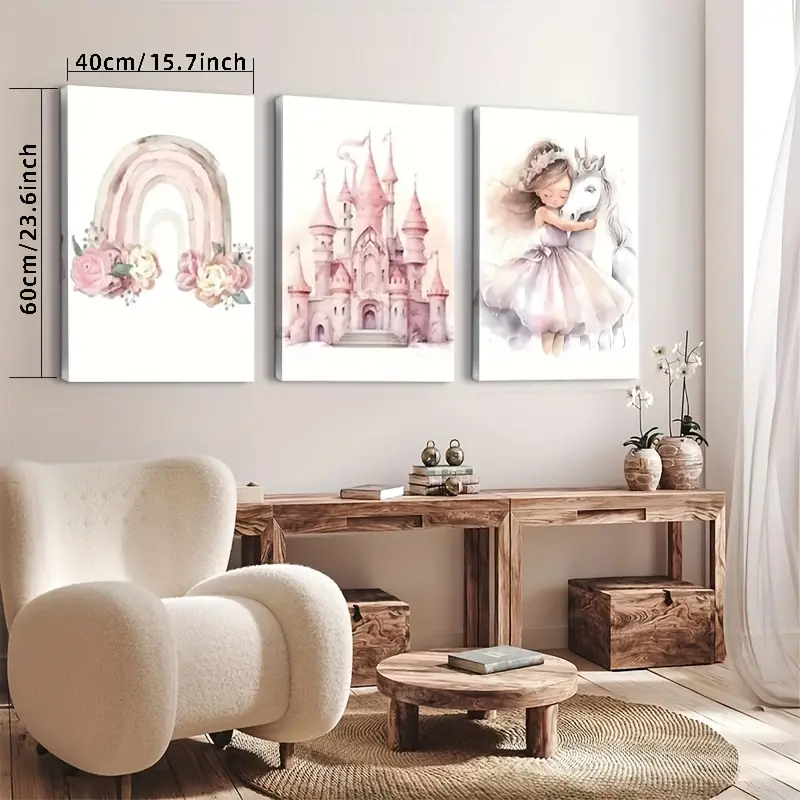 3pcs Framed Artistic Watercolor Posters - 40cm x 60cm Fantasy Romantic Princess & Unicorn Prints, Inspirational Cartoon Castle Wall Decor, Home Supplies for Bedroom, Watercolor Print