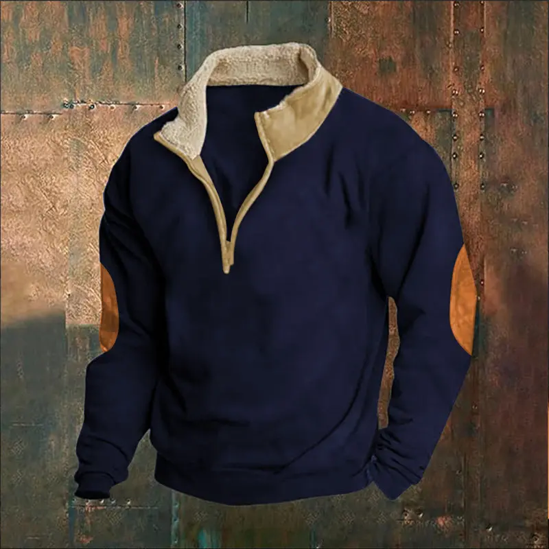 Men's Vintage Panel Splice Half-Zip Sweatshirt, Stand Collar, Medium Length Long Sleeve Casual Top, Polyester Knit, Machine Washable