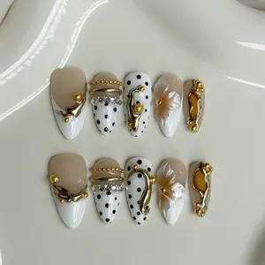 LumiNails Handmade Almond Press On Nails 10 pcs, Cream Nude White Gradient Base Black Polka Dot Design, Luxury 3D Gold Metal Charms Rhinestone Chain Golden Flower Decor Rich Girl Aesthetic Reusable Fake Nail Tips for Daily Party