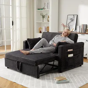 55" Pull-Out Sofa Bed, Upholstered Reversible Sleeper Sofa Bed, Deep Seat Corduroy Loveseat Sofa with Side Pockets for Living Room Apartment