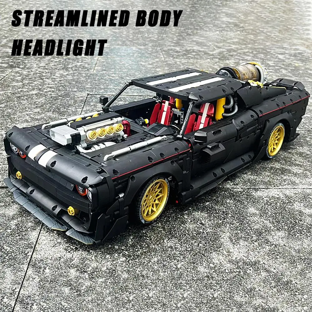 Guly 1:8 Scale Tech Modified Muscle Car Building Set, Black‑White Stripe Collectible Vehicle Model, High-Tech Vehicle Model, Adult Desktop Display, Assembly Gift