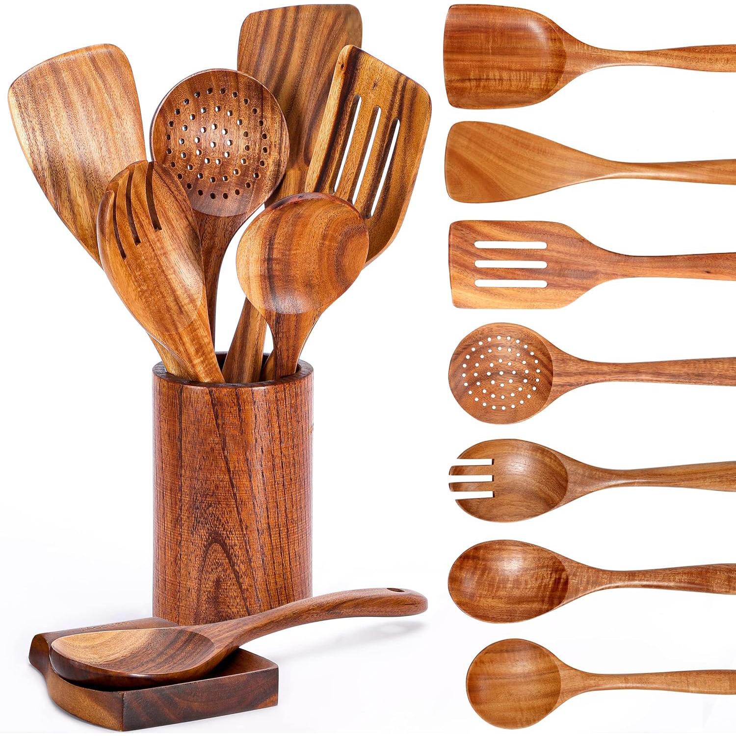 9PCS Natural Teakwood Kitchen Utensil Set With Spoon Rest, Soft-Grip Wooden Cooking Spoons & Tools, Non-Scratch Utensils For Non-Stick Cookware, Kitchen Cooking Accessories