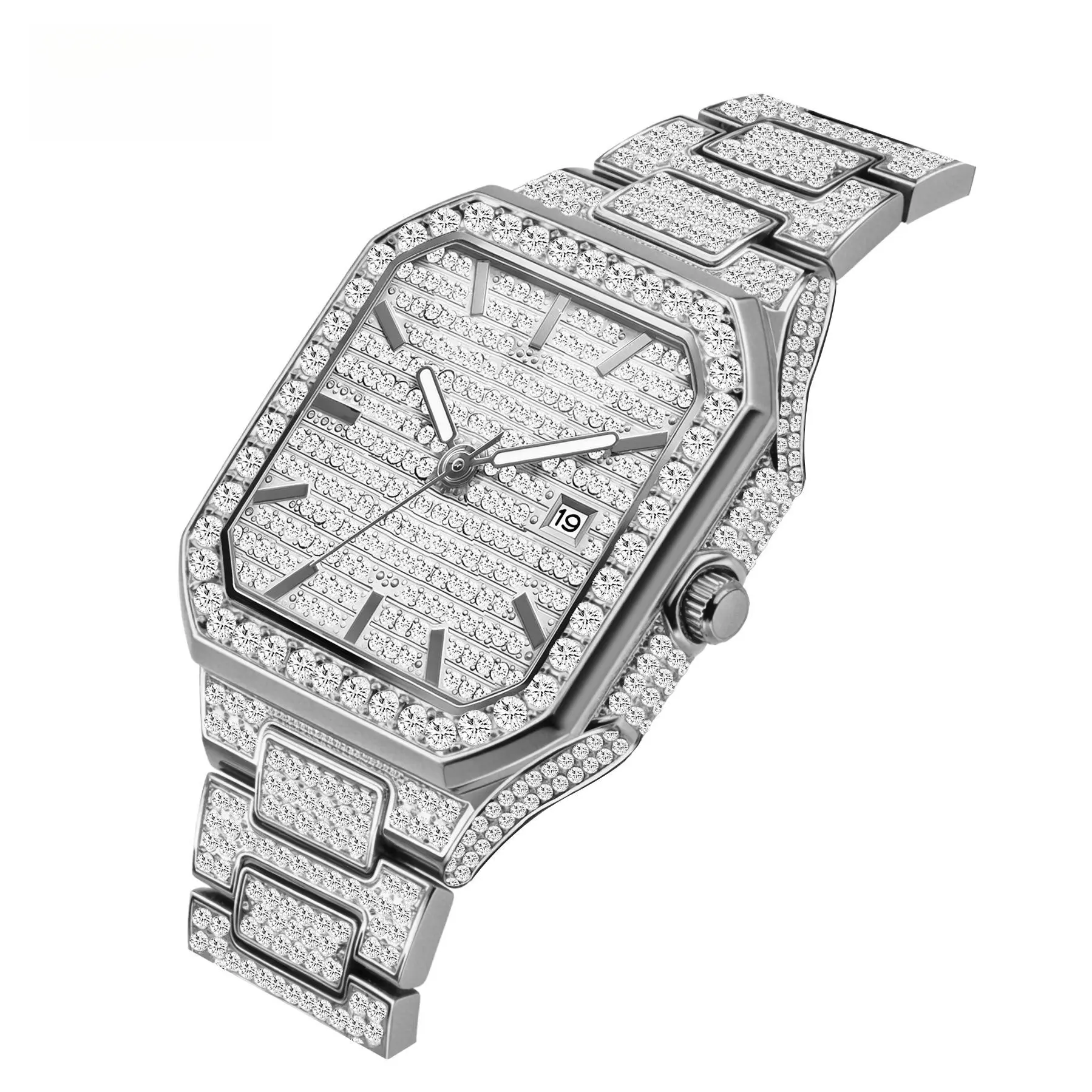 Men Luxury Full Diamond Square Quartz Watch, Hip Hop Iced Out Wristwatch, Luminous Hands Date Display, Life Waterproof Stainless Steel Band Business Light Luxury Watch Unisex Wearable Adjustable Durable Round Smartphone