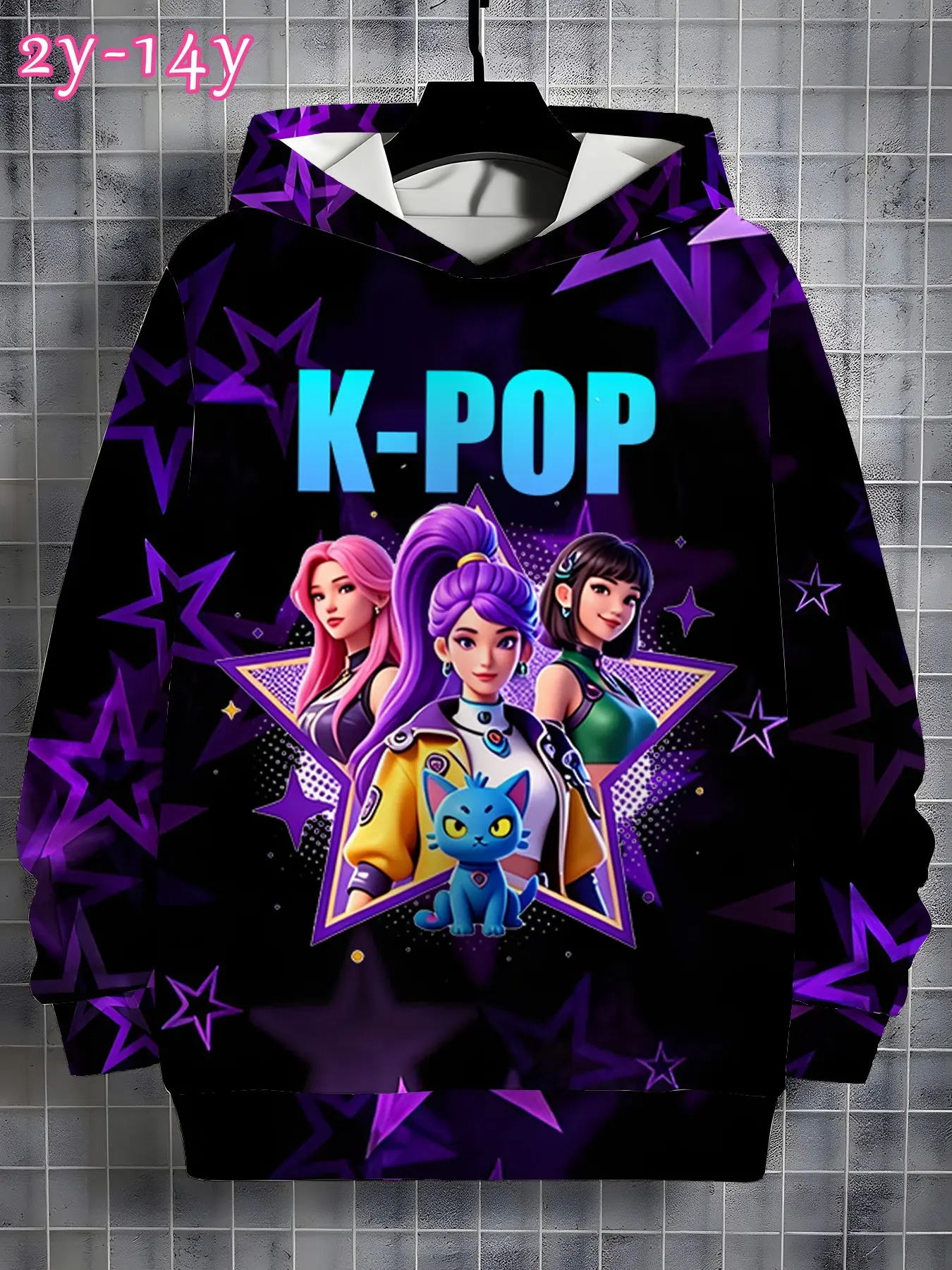 Girls' Loose-Fit Long Sleeve Hoodie, Star Pattern Cartoon Print, Casual Fall & Winter Sweatshirt, Sweet Cool Korean Style, Ages 2-14