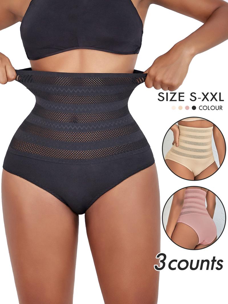 Women's Contrast Mesh High Waist Shapewear Panty, Elegant Solid Breathable Comfortable Underwear, Women Knickers, Tummy Tuck Garment