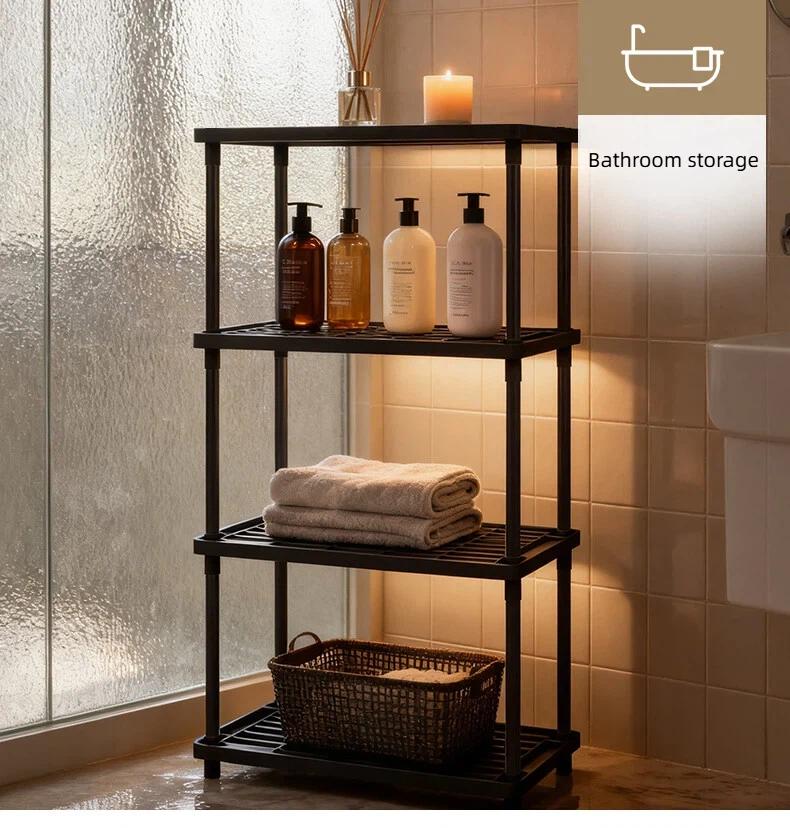 4-Tier Plastic  and Metal Freestanding Shelf Bathroom Organizer,Space-Saving And Utility Shelving,Shelving Unit Storage Rack Organizer for Home, Garage, Basement, Shed and Laundry Room