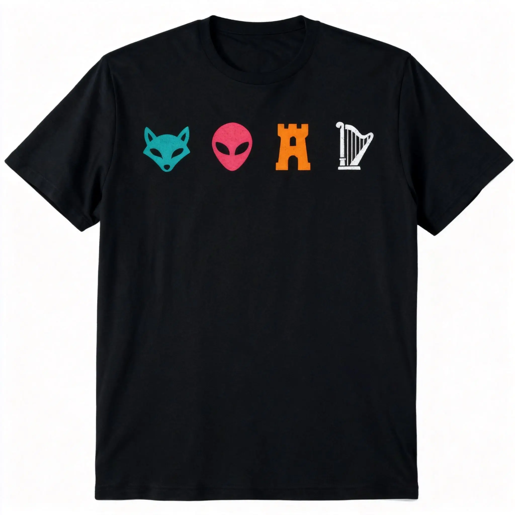 Fox Alien Castle Harp Four Symbol Distressed Color Block T-Shirt, Minimal Pop Culture Unisex Casual Short Sleeve Tee