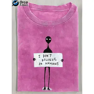 Heavy Washed Cotton Vintage T-Shirt with Alien Graphic for Daily Streetwear - Oversized Loose Fit Men's Tee, Breathable Casual Top for Layering or Outdoor Hangs