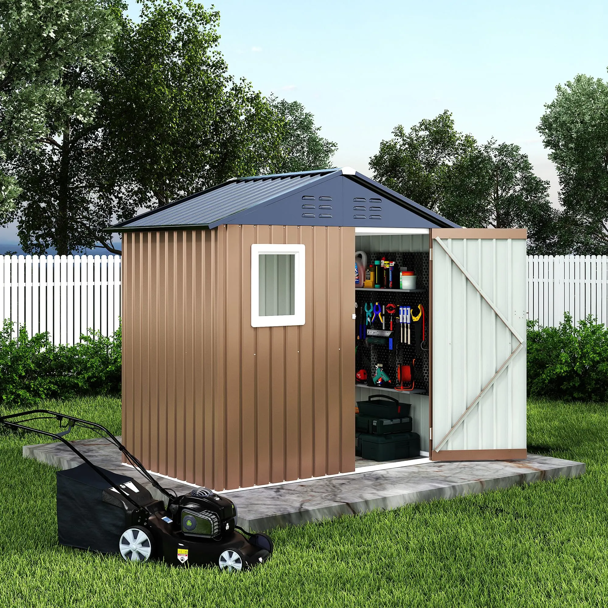 Heavy Duty Galvanized Steel Outdoor Storage Shed 6x4 FT, Lockable Garden Tool Cabinet with Window & Air Vent, Weatherproof Metal Shed for Backyard Patio Lawn Equipment, Brown