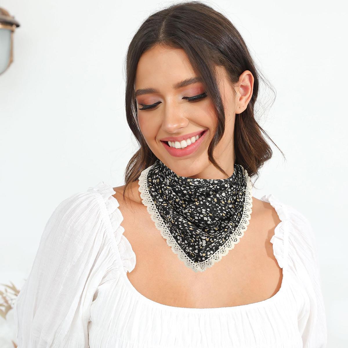 AWAYTR 3Pcs/Set Flower Printed Hair Bandanas Headbands Solid Color Chiffon Head Kerchief for Women Girls Bohemian Hair Scarf Floral Lace Edge Headband Bandana