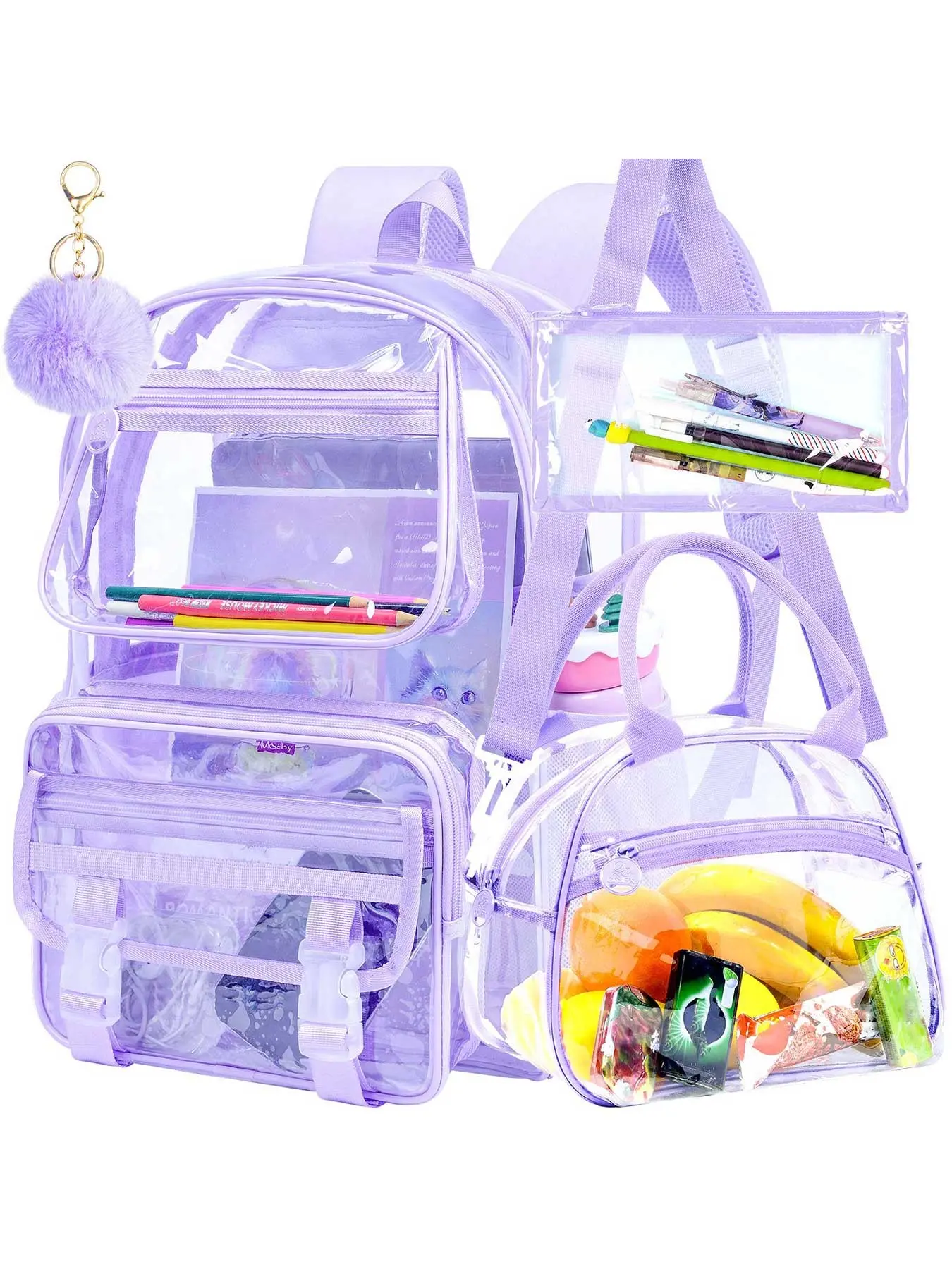 Transparent large-capacity backpack, 3pcs girl's see-through schoolbag set, cute transparent schoolbag for girls - purple