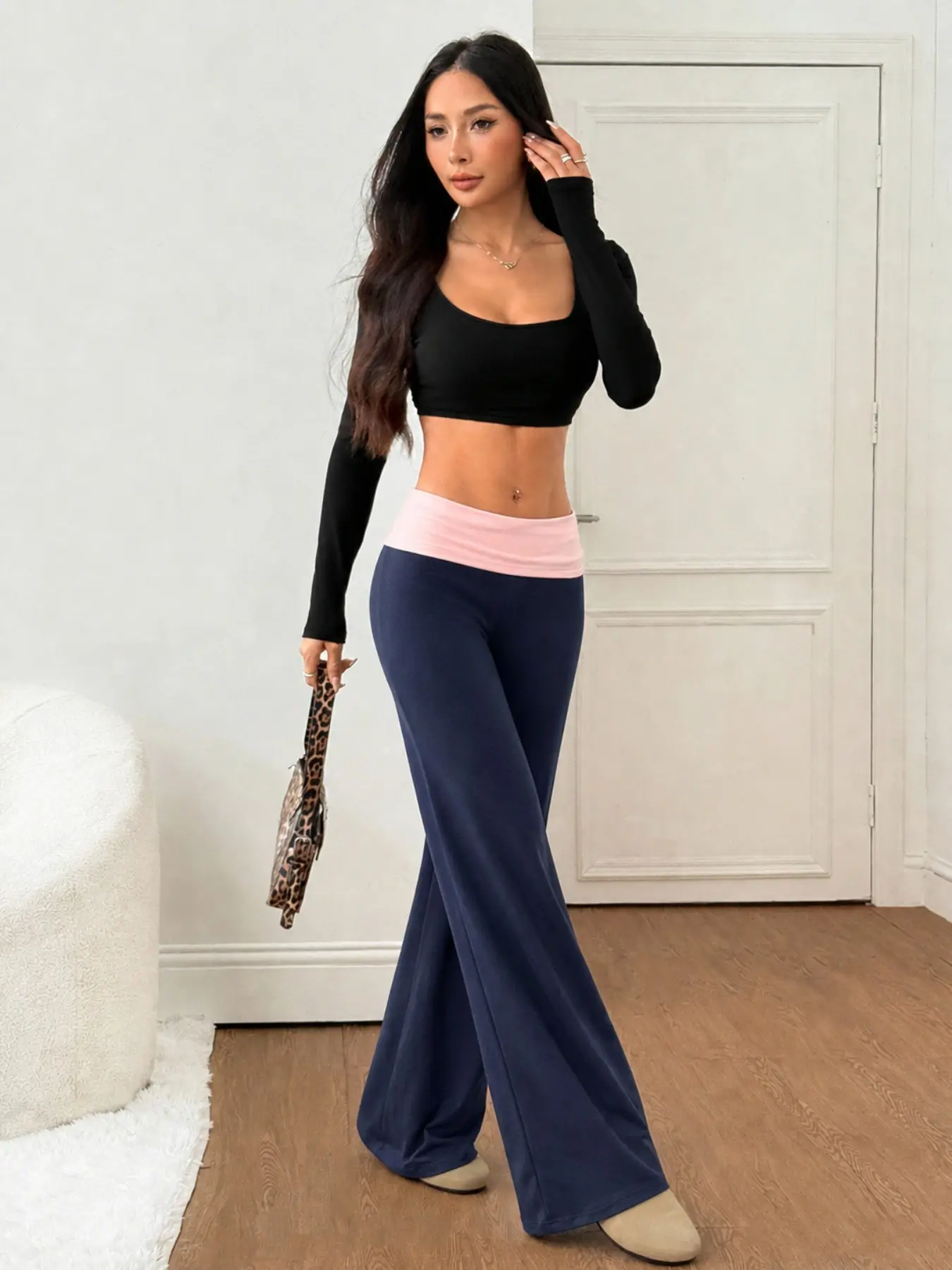 Women's Navy Fold Over Pink Waistband Flare Pants, High Stretch Slim Fit Bootcut Trousers, Low Rise Y2K Casual Bottoms For Daily Streetwear