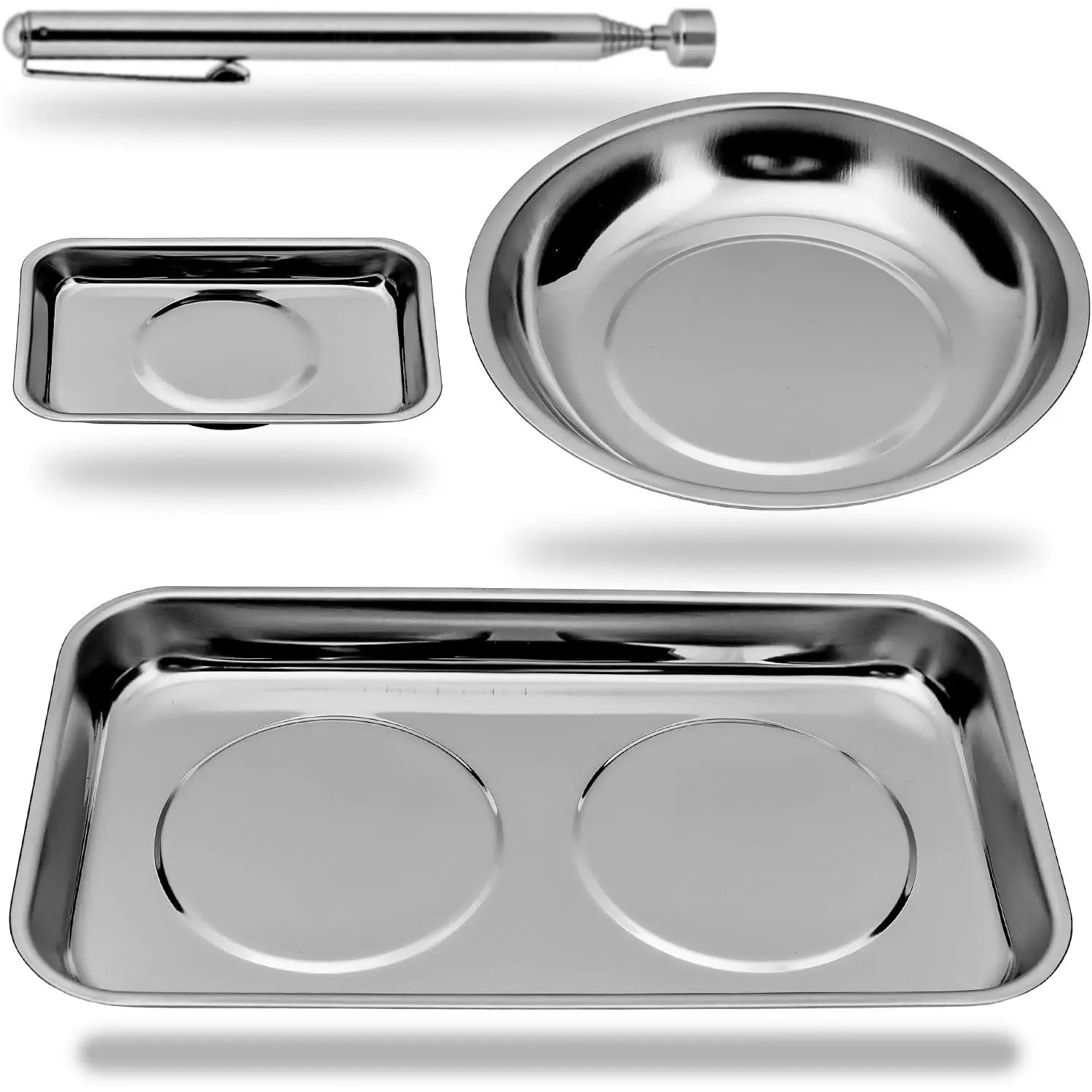 4PC Magnetic Tray Set with Magnet Stick – Extra Strong Magnets, Stainless Steel Trays, and Telescoping Pickup Tool for Organizing and Retrieving Metal Parts