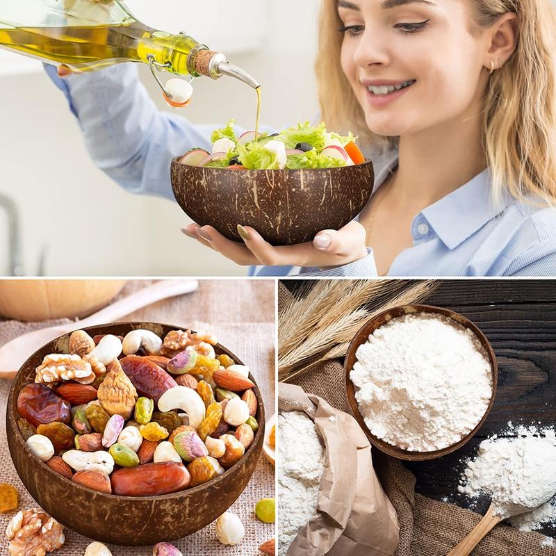 Natural Coconut Shell Bowl Set with Wooden Spoon, Traditional Southeast Asian Vietnamese Coconut Bowls, Eco-Friendly Serving Fruit Smoothie Salad Bowls