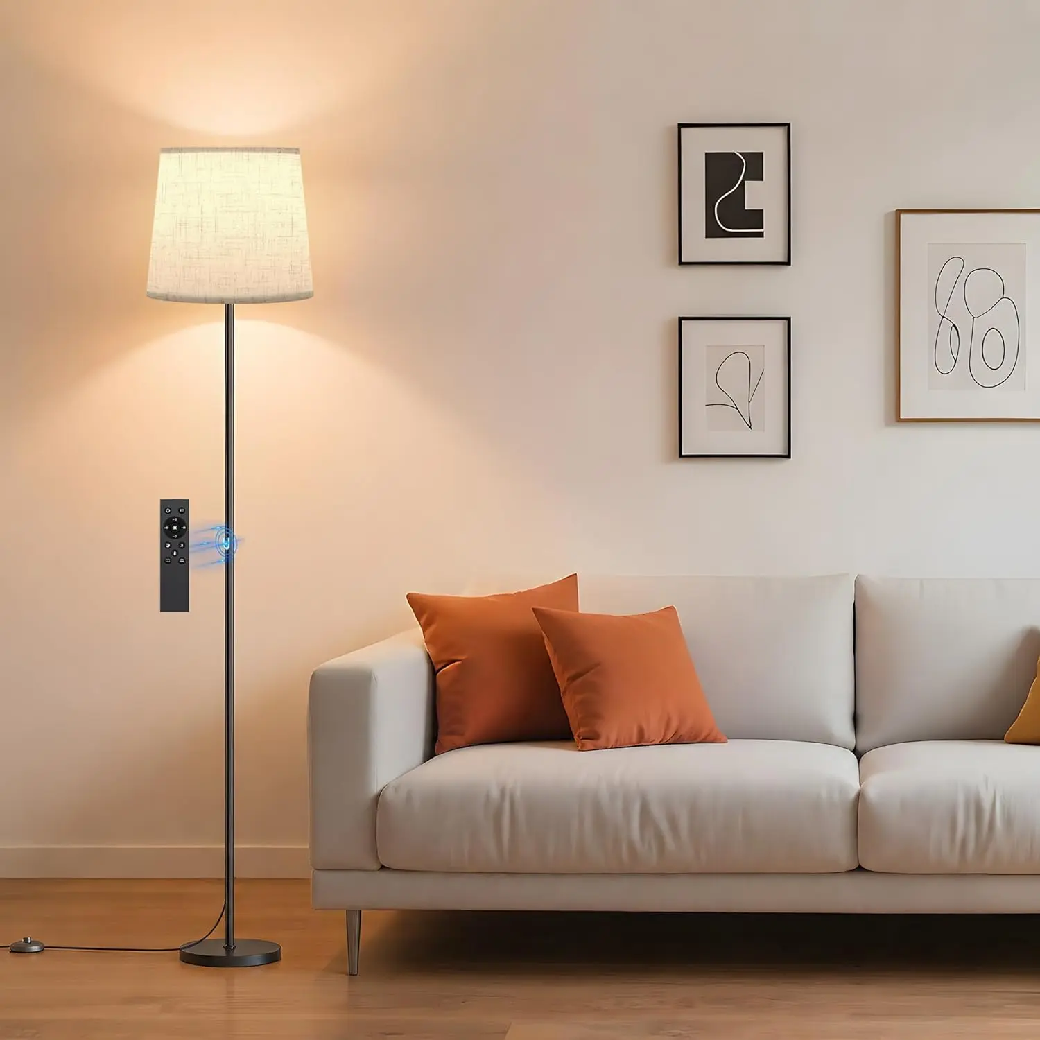 Floor Lamp with Linen Shade - 62" Dimmable LED Standing Lamp with Remote Control, 9W E26 Bulb Included, 3000-6000K, Modern Floor Reading Light for Bedroom Living Room Office Corner, Black
