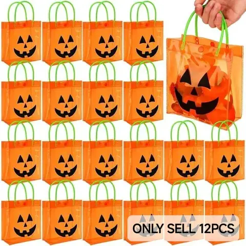12/24 Pcs Halloween Candy Bags, Goodie Bags with Handles PVC Treat Bags Bulk Pumpkin Ghost Black Cat Halloween Fall Pattern for Kids Adults Halloween Party Autumn Harvest Party Favors