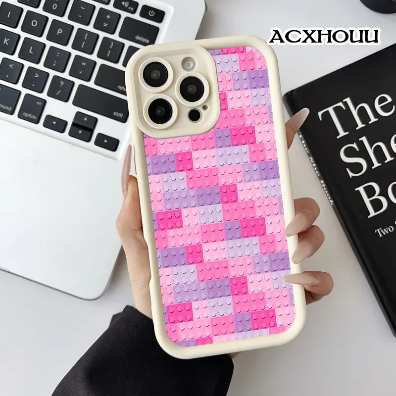 Cute Pastel Pink Lego Block Pattern Silicone Phone Case, Anti-Slip Scratch-Resistant Softcase for iPhone 17/16 E Pro Max/15 Plus/14/13/12/11/XS/XR, Mobile Phone Accessories