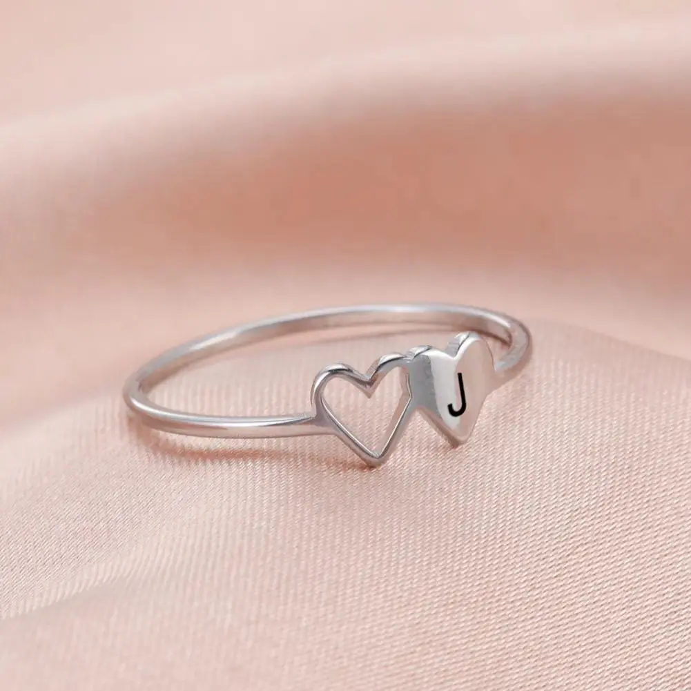 Unisex Adjustable 26‑Letter Alloy Double Heart Open Ring, Customizable Stainless Steel Charm Ring, Ideal Love Gift Idea For Her & Him For Daily Wear & Special Occasions