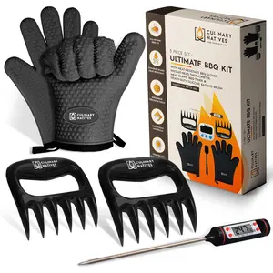 Smoker Gloves and Meat Claws | Instant-Read Thermometer | No.1 Silicone Smoker Gloves & Pulled Pork Claws | Heavy-Duty Heatproof BBQ Mitts and Meat Shredders for Barbecue, Grilling, Smoking, Shredding