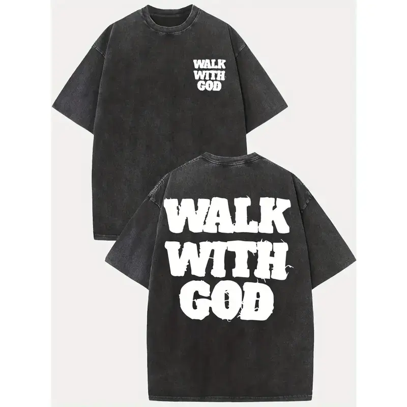 2-wash men's printed T-shirt featuring an inspirational "Walking with God" design, with a double-sided distressed print, a loose, dropped-shoulder fit, and a round neckline.This short-sleeved, light green letter T-shirt is perfect for a casual, summer st