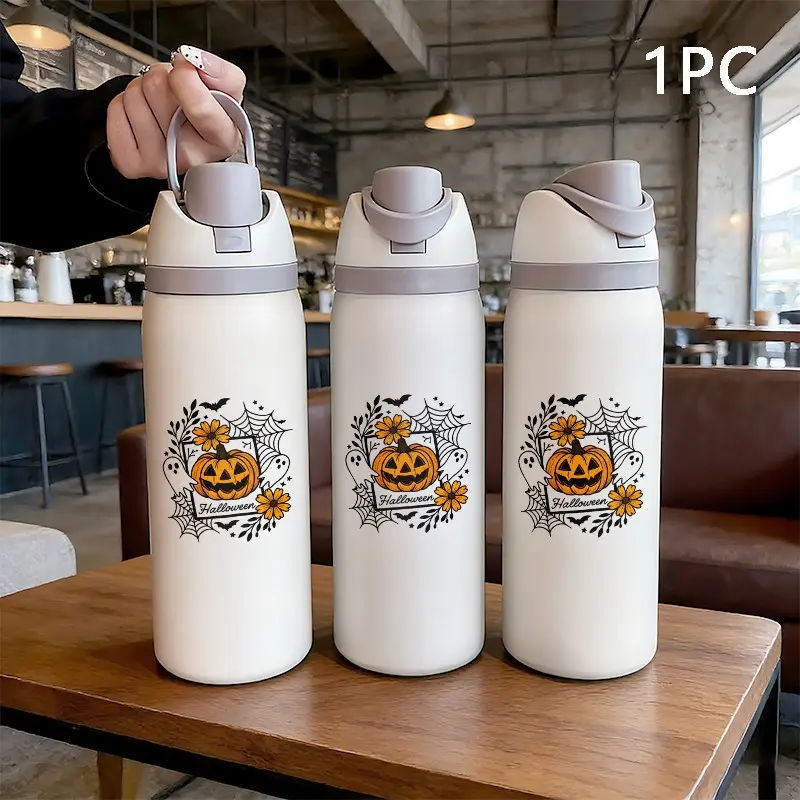 32oz Stainless Steel Water Bottle, Spider Web Pumpkin Face Design, Dual Mouth Large Capacity Fruit Cup, Insulated Lulu Bottle, Perfect Gift