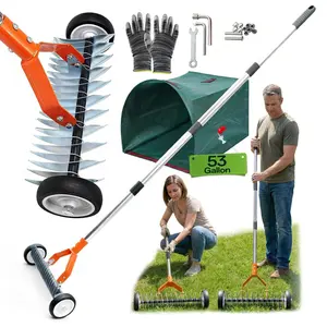Wheeled Dethatching Rake for Lawn - 15" Heavy Duty Stainless Steel Thatch Rake with Adjustable Long Handle 35"-67", Manual Thatcher for  Grass and Soil Loosening (Orange)