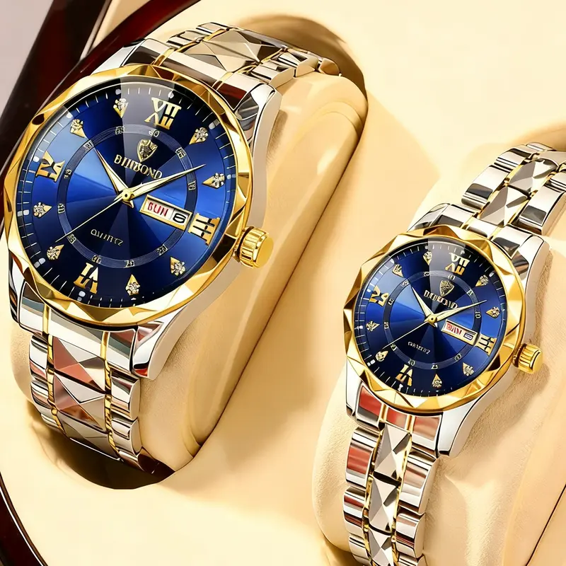 2pcs Binbond B2521 Couple Watches, Dual Calendar, Luxury Dial Design, Valentine's Day Gift, Fashion Wristwatch, Waterproof Quartz Watch, Quartz Analog Watches, Quartz Movement, Watch Set, Analog Wristwatches