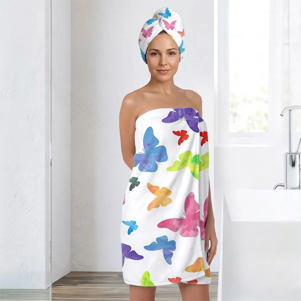 2pcs Watercolor Butterfly Print Bath Towel Set, Towels For Bathroom, Adjustable Hook, Super Absorbent Microfiber, Ideal for Sauna, Spa, Home, Gym, Beach, Travel