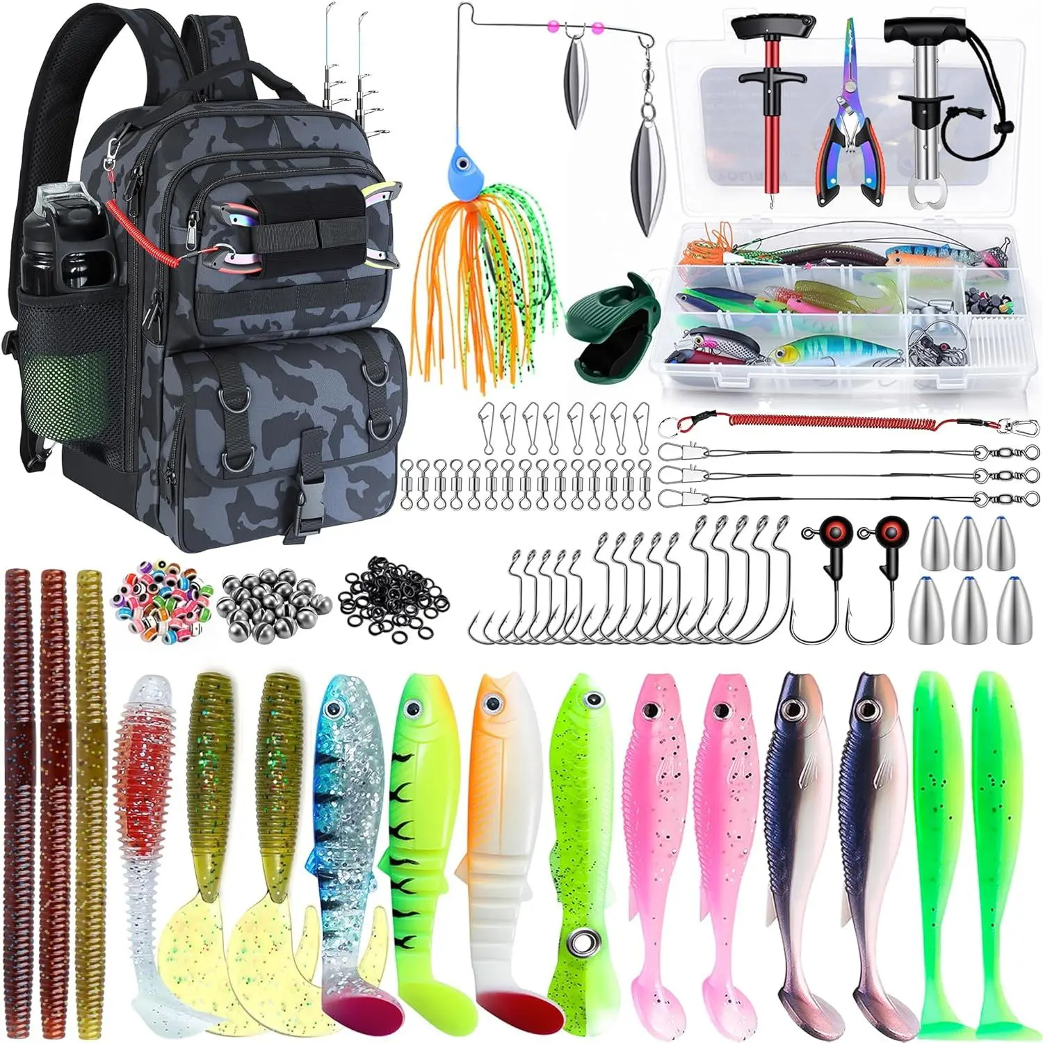 Fishing Backpack with Tackle Boxes,Fishing Sling Tackle Bag with Rod Holder  Fishing Bag with Fishing Gear, Fishing Gifts for Men Women Gear Combo Kit,Camouflage Black