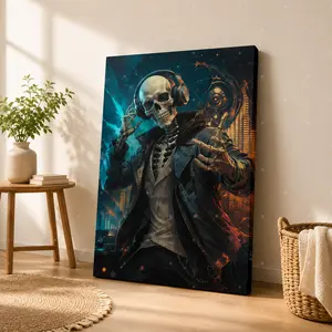 Cyberpunk DJ Skeleton with Headphones Vertical Canvas Wall Art, Futuristic Music Poster, Home Decor for Living Room Bedroom Gaming Space, Available as Unframed Canvas Poster or Framed Canvas Wrap