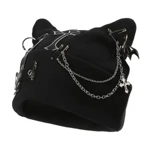 Women's Gothic Cat Ear Beanie, Y2K Grunge Winter Hat with Punk Chain & Bat Charm, Ultra-Soft Knitted, Adjustable Fit, Cozy All-Day Comfort, Machine Washable, Emo Accessories