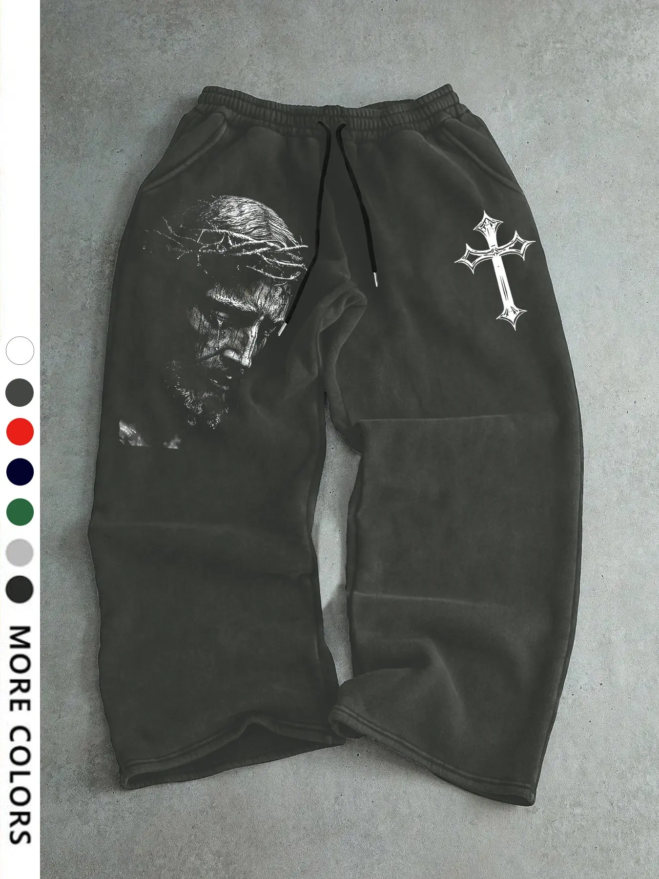 Men's Casual Sporty Graphic Track Pants, Jesus & Cross Pattern Print, Drawstring Wide Leg, Loose Fit, All Seasons, Natural Waist