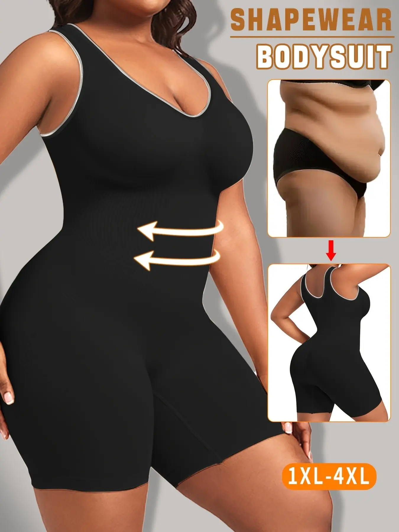 2Pcs Women's Plus Size Seamless Shapewear Jumpsuit Bodysuit, Wide Shoulder Straps, Abdomen Control, Tummy Cinch, Butt Lift, Sporty & Daily Wear