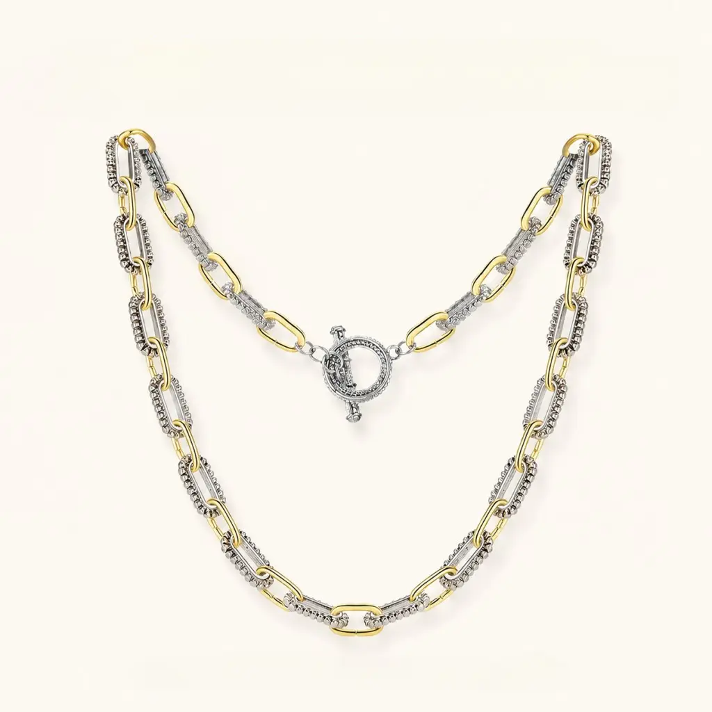 2-Tone Gold-Silver Bamboo Link Women's Necklace, Beaded Textured Paperclip Chain with OT Toggle Clasp, Chunky Layered Choker Jewelry, Versatile Daily-Office Gift for Her fashion costume jewelry gift