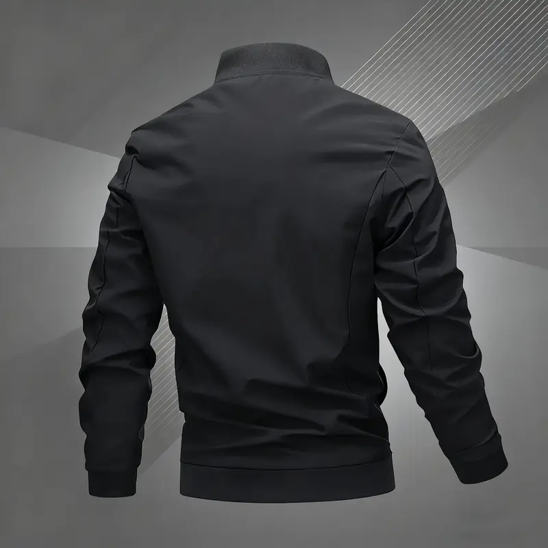 Men's Zip-Up Pilot Jacket - Sporty Chic Fitted Long-Sleeve Polyester Outerwear with Pockets, Letter Embroidery, Machine Washable Zip Up Sportswear for Casual Use