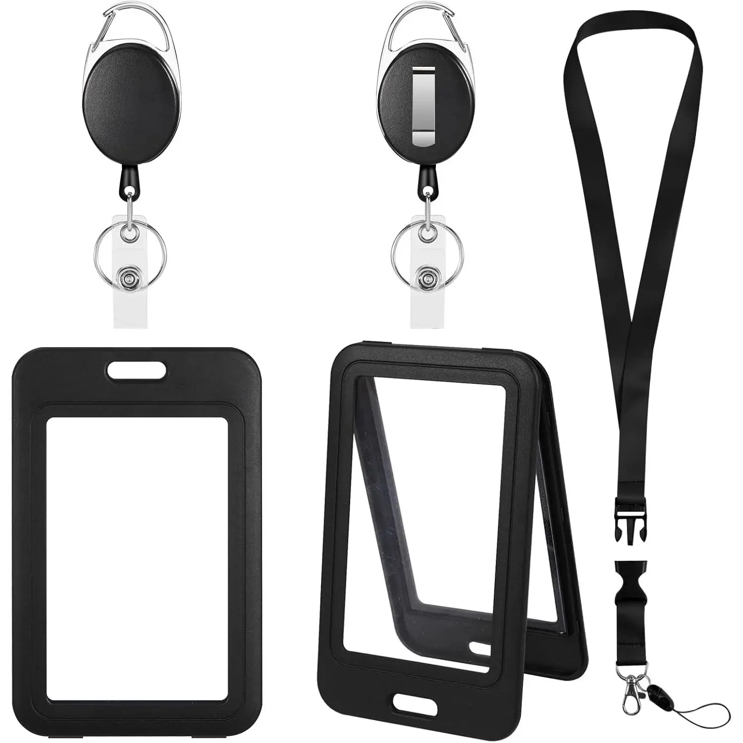 ID Badge Holders with Retractable Reel Clips, Lanyard with Release Buckle, Key Card Holder Nametag Protector (Black-1, Double-Sided Clear Vertical)