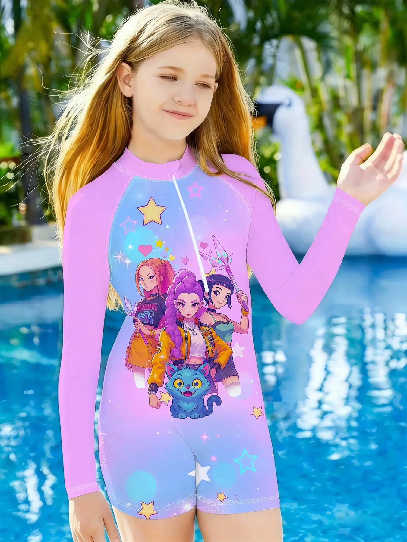 Girls' Long Sleeve Quick-Dry Sunscreen Jumpsuit, Blue Nebula Starlight Cartoon Print, Beach Pool Swimwear, Outdoor Water Play Clothes