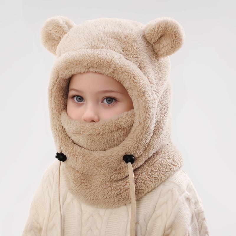 Kids Winter Cute Ear Warm Balaclava with Hood - Lightweight Windproof Face Mask for Outdoor Skiing & Cycling, Thickened Polyester, Adjustable Drawstring, Machine Washable, White with Black Accents