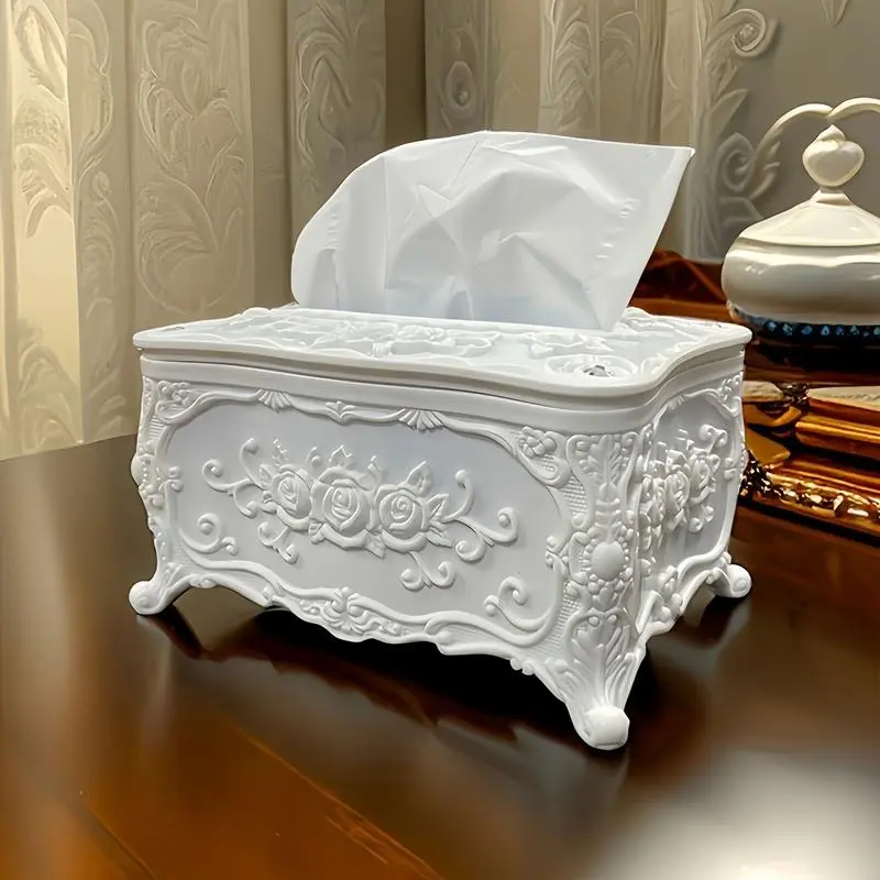 1pc European-style Tissue Box, Simple White Rose Pattern Tissue Box, Suitable for Living Room, Bathroom, Vanity, Hotel, KTV, and Home Use