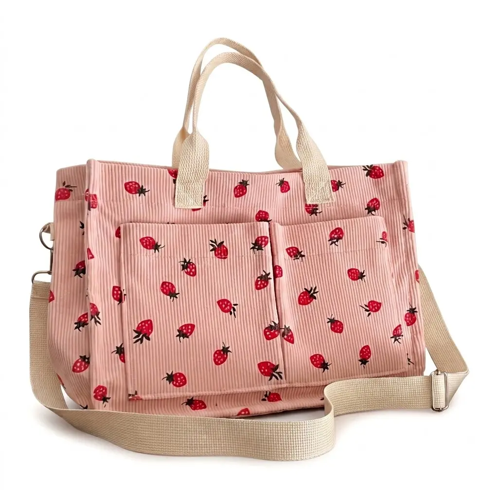 Women's Strawberry Print Corduroy Cloth Tote Bag - Large Capacity, Multi Pockets, Top Handle, Crossbody Design, for Daily Outfits, Casual Wear, Urban Minimalist Soft Travel Essentials